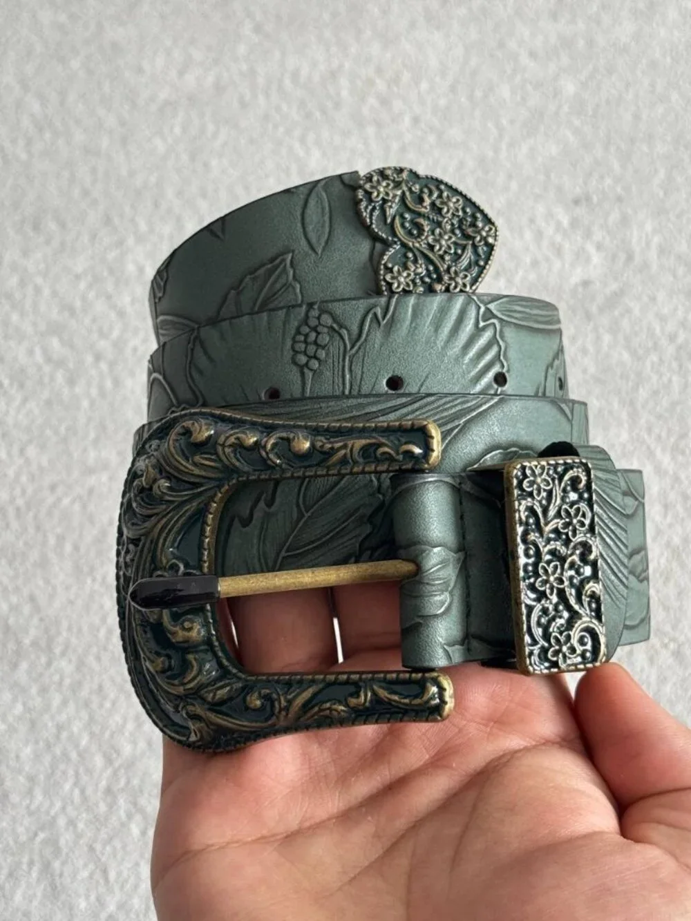 Green Embossed Western Belt with Ornate Buckle